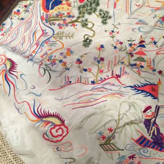 VTG CHINESE PIANO SHAWL SILK Embroidered Water PICTORIAL Fringe Throw Wall Art 7