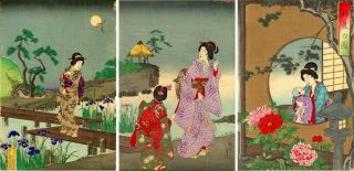 Lovely 1893 Chikanobu Japanese Woodblock Print “cuckoo Over An Iris Garden”