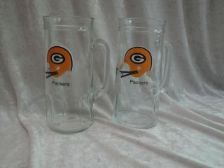 Vintage Fisher Nuts Green Bay Packer Clear Glass Mugs - Set Of Two (2) - 20 Oz.