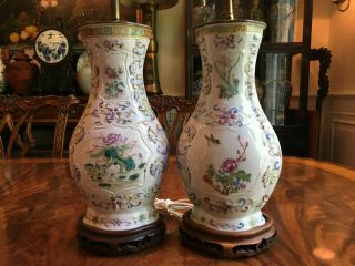 A Pair Chinese Qing Dynasty Famille Rose Porcelain Vase Lamps.