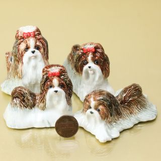 4 Shih Tzu Dog Puppy Ceramic Pottery Statue Animal Miniature Figurine