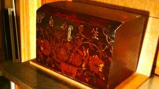 ANTIQUE 19C CHINESE WOOD LACQUERED CHEST,  TRUNK,  BOX PAINTED W/FLOWERS & SYMBOLS 2