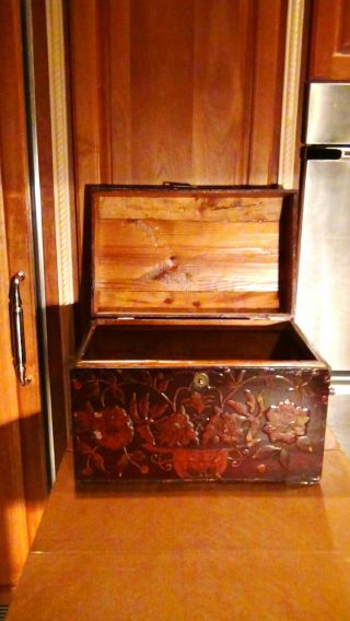 ANTIQUE 19C CHINESE WOOD LACQUERED CHEST,  TRUNK,  BOX PAINTED W/FLOWERS & SYMBOLS 7