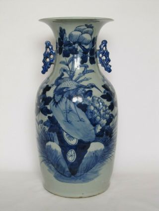 Antique Chinese Celadon Ground Blue & White Porcelain Vase W/crane & Peony 16.  5 "
