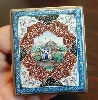 Antique Islamic Persian Enamel Solid Silver Cigarette Case Or Box