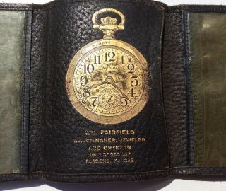 Antique Watchmaker Jeweler Optician Pocket Watch Advertising Leather Wallet