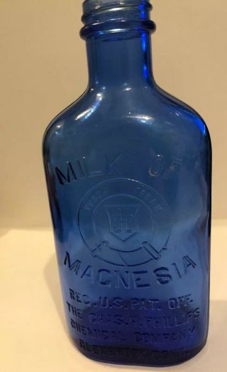Vintage Glass Bottle 7 " Milk Of Magnesia Cobalt Blue (phillips)