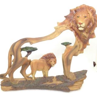 Lion Figurine Mountain Tree Scene Faux Carved Wood Wildlife Wild Cat Gift Decor