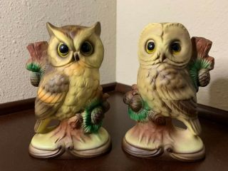 Vintage Ceramic Bisque Satin Owls Figures Pair 2 Made In Japan Tree Pine Cone