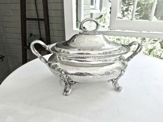 LARGE ANTIQUE JAMES DIXON SHEFFIELD SILVERPLATE FOOTED SOUP TUREEN,  SHAPE 2
