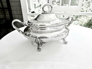 LARGE ANTIQUE JAMES DIXON SHEFFIELD SILVERPLATE FOOTED SOUP TUREEN,  SHAPE 3