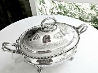 LARGE ANTIQUE JAMES DIXON SHEFFIELD SILVERPLATE FOOTED SOUP TUREEN,  SHAPE 7