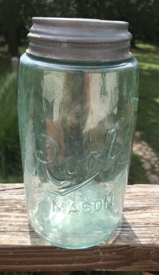 Root Mason Aqua Quart Fruit Jar Zinc Lid With Porcelain Insert Vintage Farmhouse
