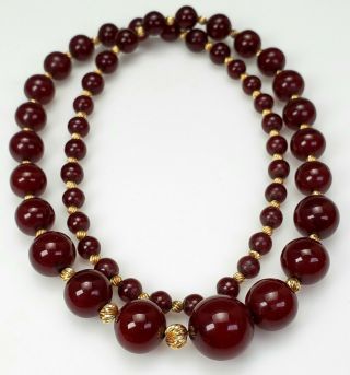 Antique Cherry Amber Bakelite Faturan & 14k Gold Graduated Bead Necklace - 28 "