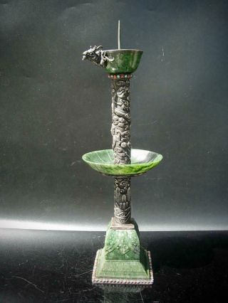 Fine Antique Chinese Silver & Spinach Green Jade Pricket Candle Holder