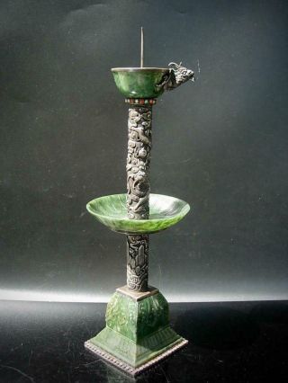 FINE ANTIQUE CHINESE SILVER & SPINACH GREEN JADE PRICKET CANDLE HOLDER 2