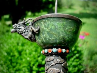 FINE ANTIQUE CHINESE SILVER & SPINACH GREEN JADE PRICKET CANDLE HOLDER 3