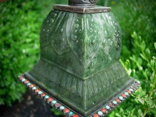 FINE ANTIQUE CHINESE SILVER & SPINACH GREEN JADE PRICKET CANDLE HOLDER 7