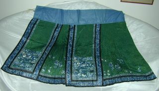 Antique Best 19thc Chinese Embroidered Green Silk Damask Skirt - A,
