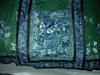Antique BEST 19thC Chinese Embroidered Green Silk Damask Skirt - A, 2