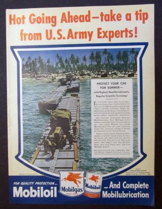 10x14 Orig 1945 Mobiloil Ad Not Going Ahead - Take A Tip From U.  S.  Army Experts
