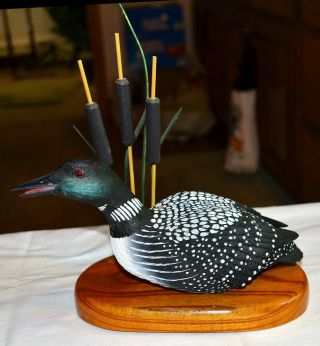 Retro Cedar Key Loon Duck Figurine Decoy With Wood Stand