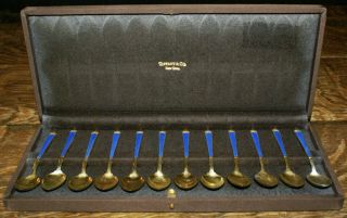 Tiffany & Co.  Set 12 Sterling Silver Demitasse Spoons Blue Guilloche Handles