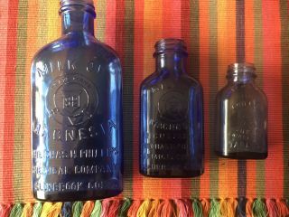 3 Vintage Cobalt Blue Bottle Phillips Milk Of Magnesia 7”,  5”,  3 1/2” Tall