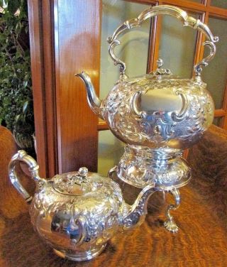 Atq,  1854 Martin,  Hall & Co Silverplate Tilting Teapot W/ Stand & Sm Teapot