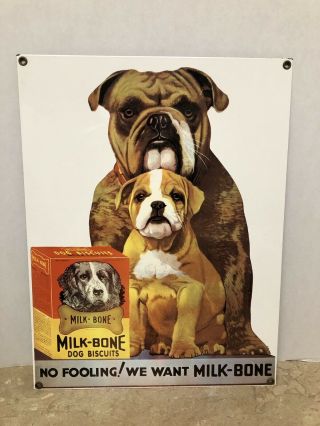 Vintage 1993 Metal Enameled Porcelain Sign Milk - Bone Dog Biscuits No Fooling