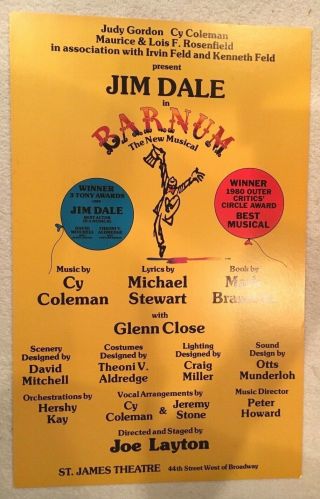 " Barnum " - Broadway Window Card - Cast - Jim Dale & Gleen Close