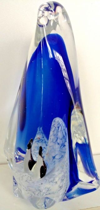 Cobalt Blue Penguin Blown Glass Paperweight With Babies In Belly