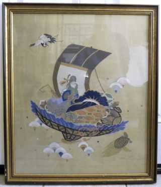 Antique Chinese Kesi Embroidery Panel With Immortal,  Basket & Crane In 29 " Frame