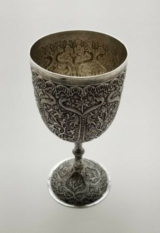 FINEST ASIAN ANGLO INDIAN KASHMIR SILVER GOBLET CHALICE CUP Snakes Birds ca 1880 2