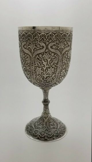 FINEST ASIAN ANGLO INDIAN KASHMIR SILVER GOBLET CHALICE CUP Snakes Birds ca 1880 3
