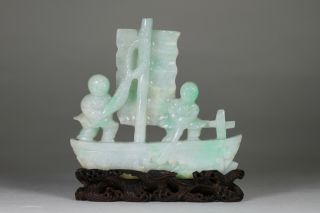 Antique Chinese Qing C1900 Carved Jadeite Boat On Hardwood Stand Figures Jade