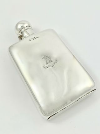 Large Antique Victorian English Sterling Silver Hip Flask - Sydenham Family Crest