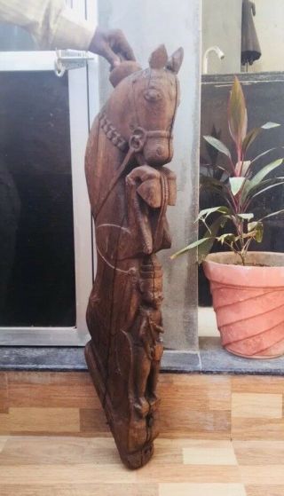 Antique Rare Wood Hand Carved Horse With Musician Man Figure Wall Panel