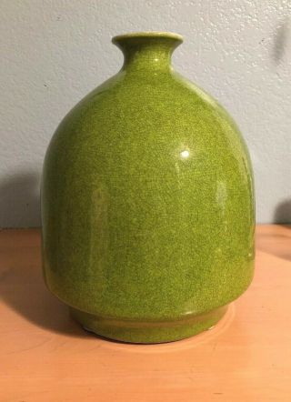 Large Signed Vintage Chinese Lime Green Crackle Glazed Vase Pottery Vessel Asian