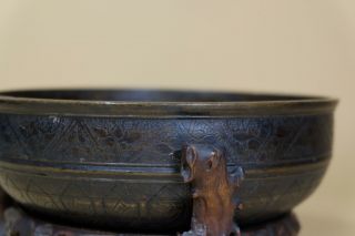 Antique Chinese Bronze Buddha Mortar.  With Wood Stand. 11