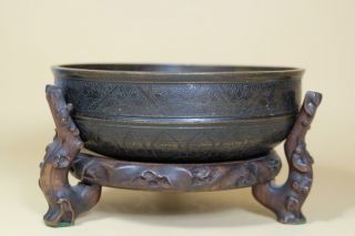 Antique Chinese Bronze Buddha Mortar.  With Wood Stand.