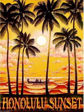 Hawaii Island Hawaiian Sunset Oahu Honolulu Vintage Travel Advertisement Poster