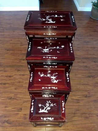 Antique Chinese Rosewood Nesting Tables W/ Mother Of Pearl Inlay Set Of 4 Rare