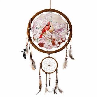 13 " Cardinal Bird Flower Scene Dream Catcher Wall Hang Feathers Gift Pretty 1383