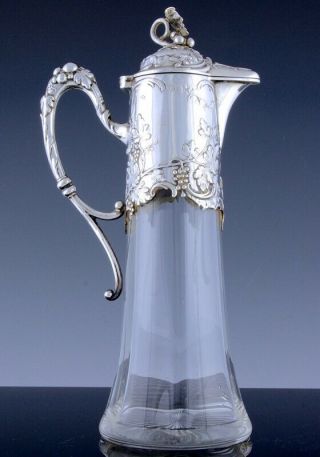 Fine Antique Russian Solid Silver Repousse Cut Glass Wine Ewer Vodka Pitcher Jug