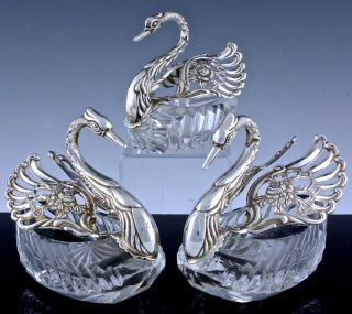 3 Birks W Germany Sterling Silver & Cut Crystal Glass Swan Form Bowls