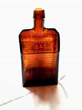 E G Booz 1840 Cabin Figural Bottle 1957 Vintage Amber Glass Whiskey