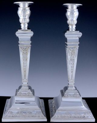 MAGNIFICENT LARGE PAIR 20thC GEORGIAN NEO CLASSICAL STERLING SILVER CANDLESTICKS 3