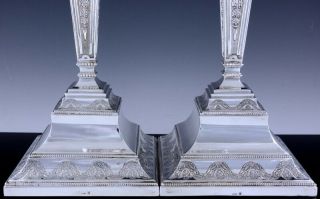 MAGNIFICENT LARGE PAIR 20thC GEORGIAN NEO CLASSICAL STERLING SILVER CANDLESTICKS 7