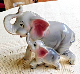 Vintage Hand Painted Porcelain Mother & Baby Elephant Figurine - Japan